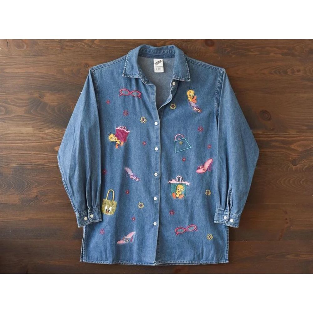 Vintage Warner Bros. Embroidered Denim Button Front Shirt Womens Tweety Bird, de